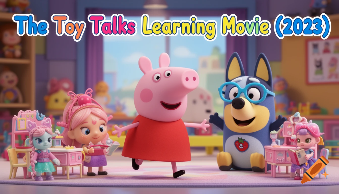 Peppa Pig, Bluey, and two doll-like characters in a colorful playroom with the title 'The Toy Talks Learning Movie (2023)'.