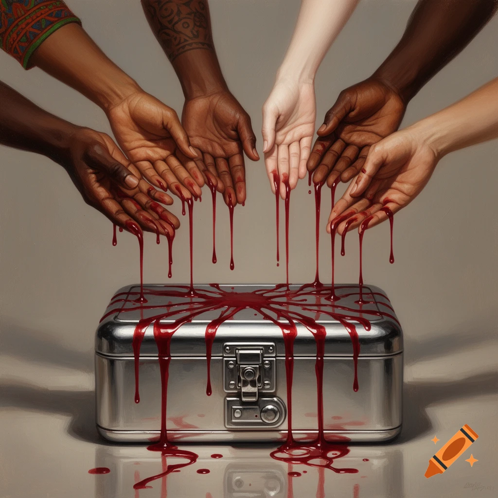 Multiple hands of different skin tones drip blood onto a metallic box, creating a red splatter pattern.
