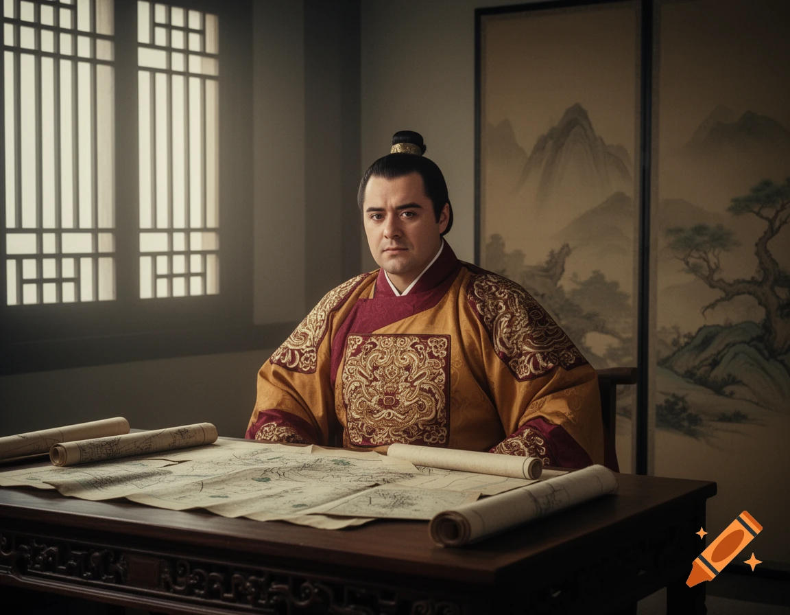 A serious man, resembling John Belushi, in ancient Chinese robes sits at a desk with maps in a historically themed room.