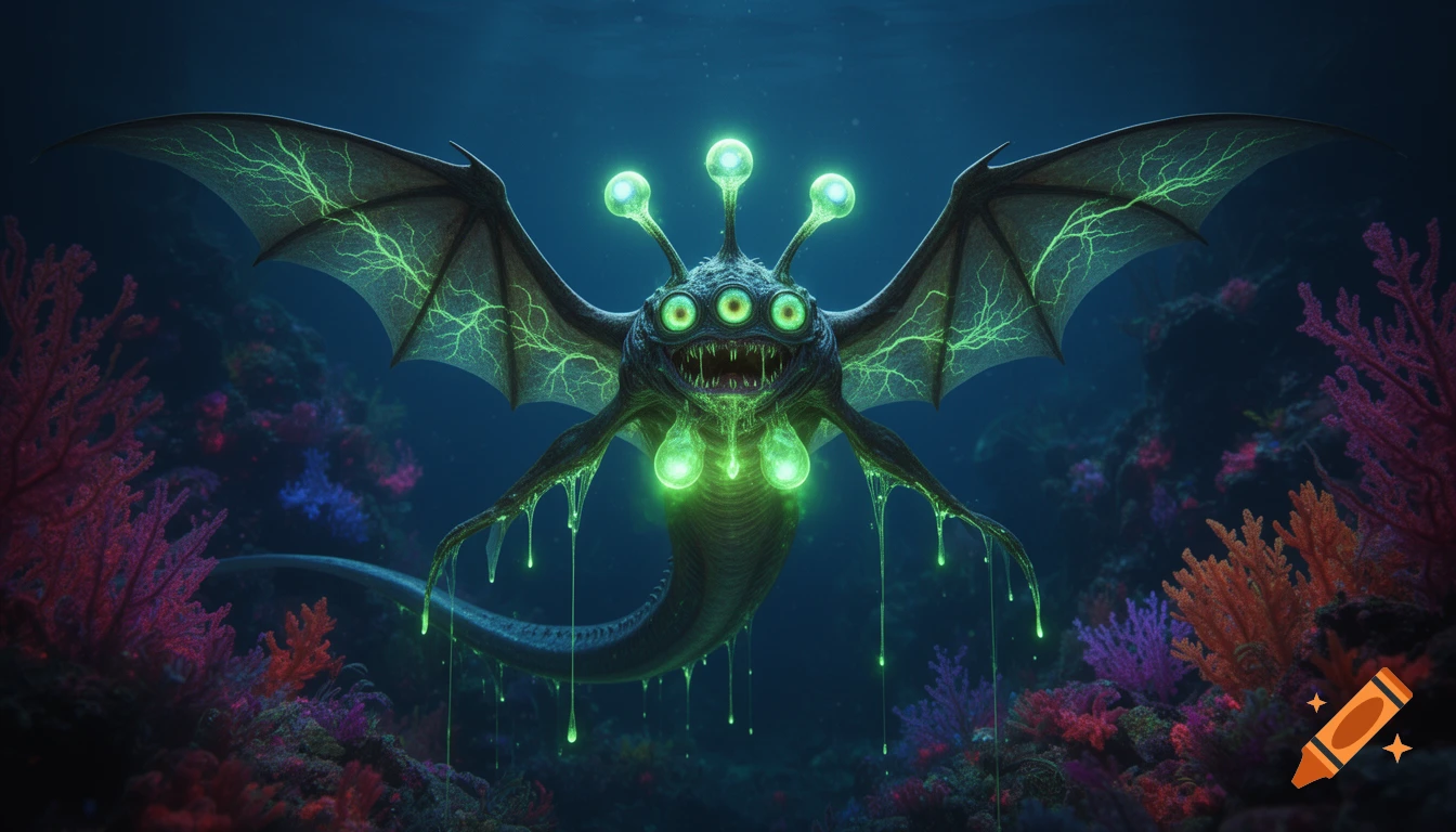 A terrifying yet captivating alien creature with large glowing eyes, sharp teeth, leathery wings, and glowing green slime drips, swimming above vibrant coral reefs in a deep blue underwater scene.