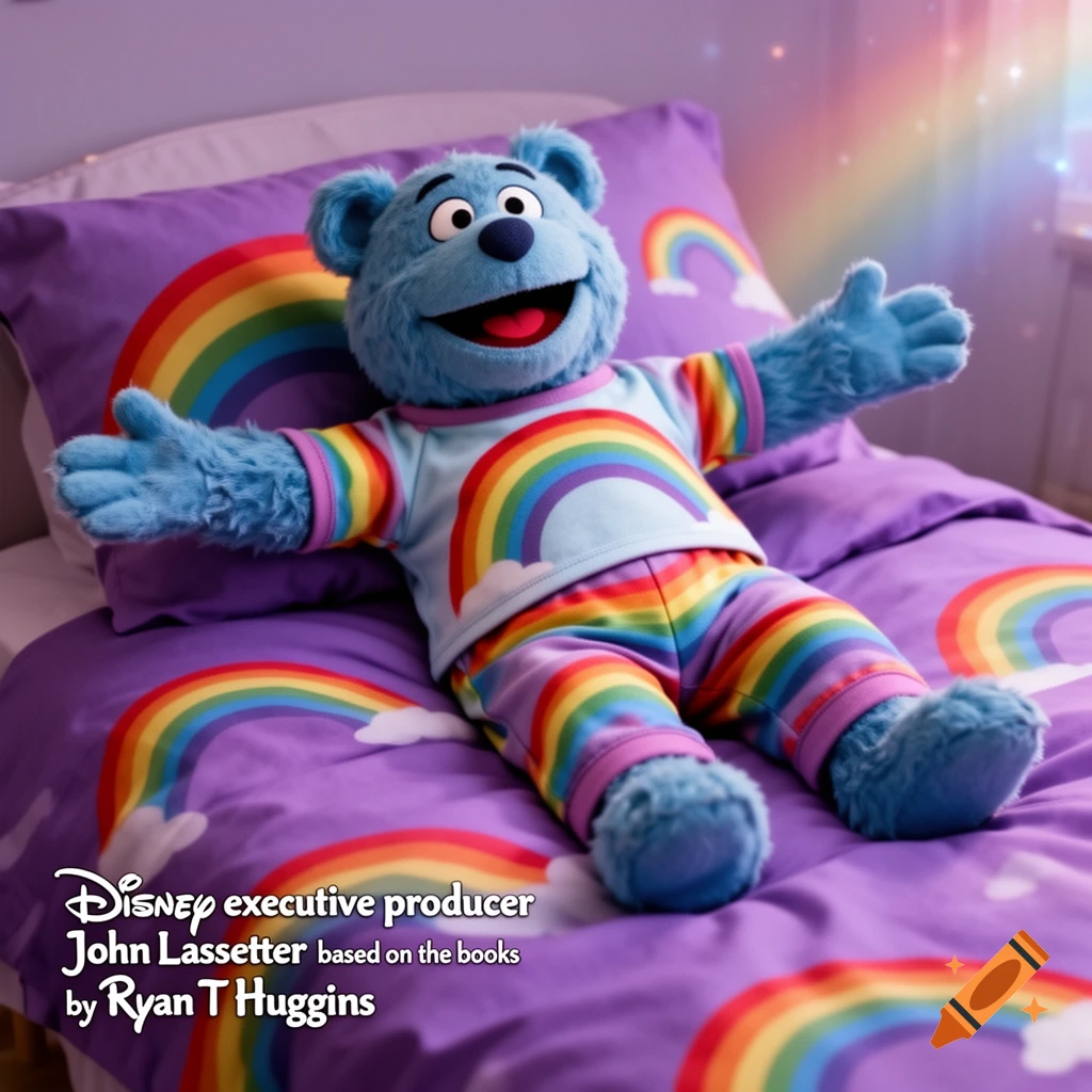 A blue bear muppet in rainbow pajamas lies on a purple bed with rainbow patterns, arms open. Disney credits are at the bottom left.