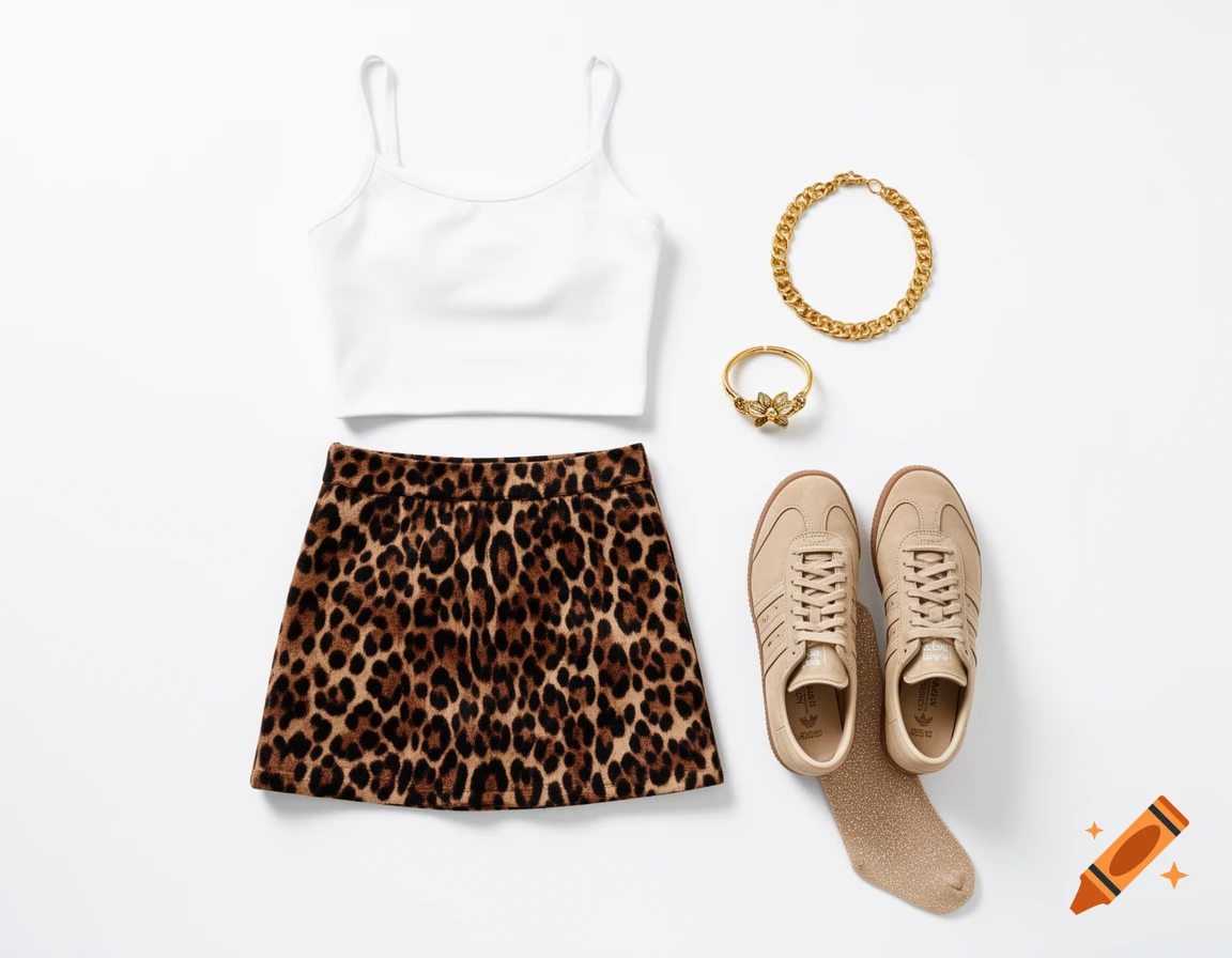 Flat lay of a white spaghetti-strap tank top, leopard print mini skirt, gold chain necklace, floral bangle, beige Adidas sneakers, and glitter socks on a white background.