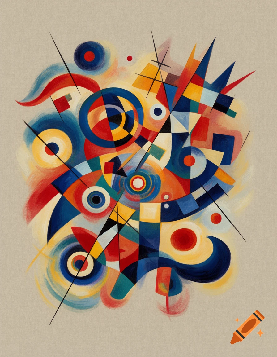 An abstract painting with geometric shapes and circles in vibrant red, blue, and yellow, with black lines, on a beige background.