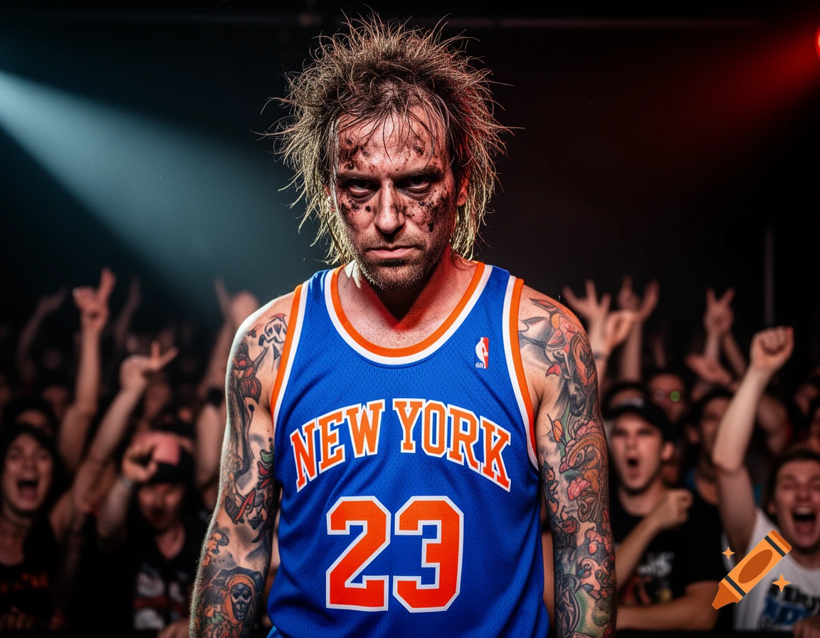 A disheveled, intense-looking man with messy hair, dirt on his face, and tattooed arms, wears a blue New York Knicks jersey, standing in front of a blurred concert crowd.