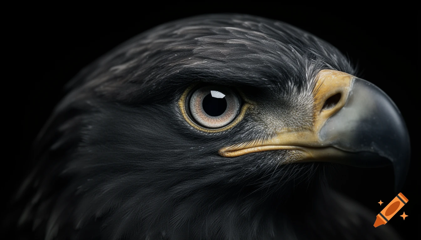 Extreme macro close-up of a photorealistic eagle's eye and head with dark grey feathers against a black background.