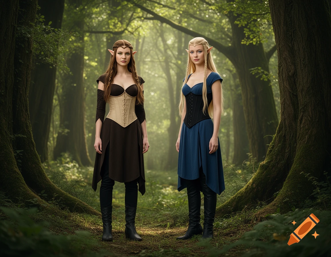 Two female elves, one in brown and beige, one in blue and black, stand in a lush, misty forest. Photorealistic fantasy art.