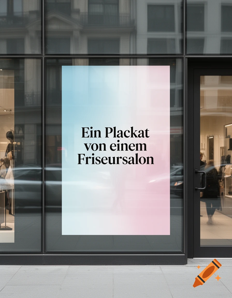 A blue and pink gradient poster reading 'Ein Plakat von einem Friseursalon' displayed in a glass storefront.