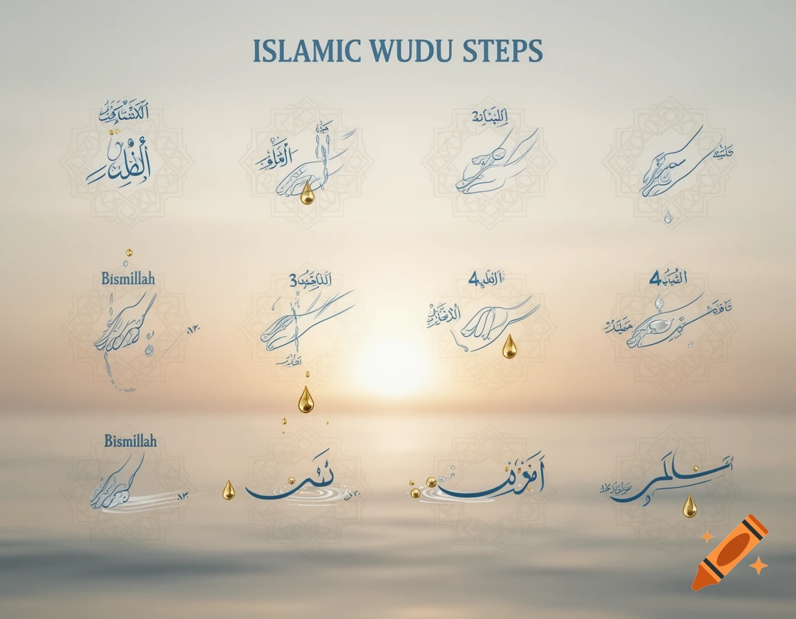 An Islamic Wudu steps chart with 12 panels, showing illustrated hands performing ablution with golden water drops and Arabic and English text.
