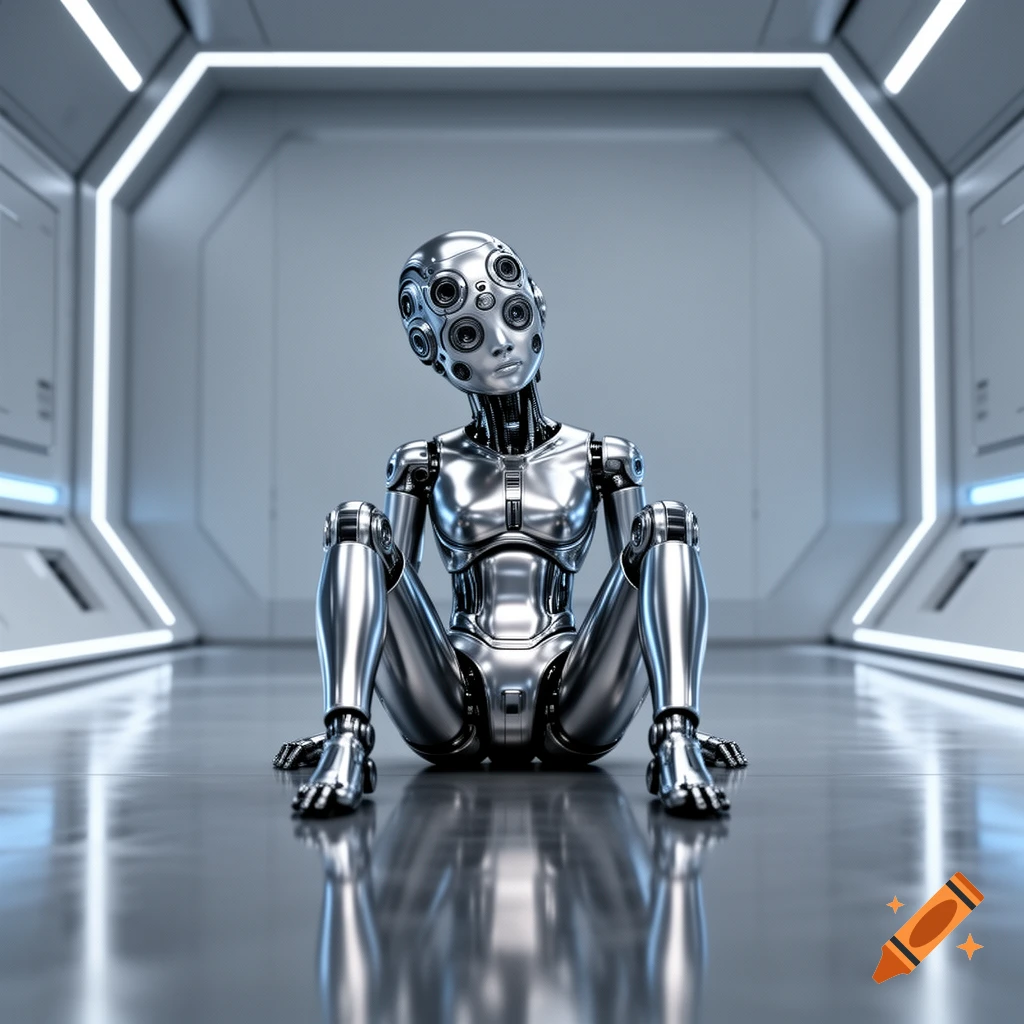A photorealistic metallic humanoid robot with multiple lenses on its head sits on the floor of a futuristic white corridor.