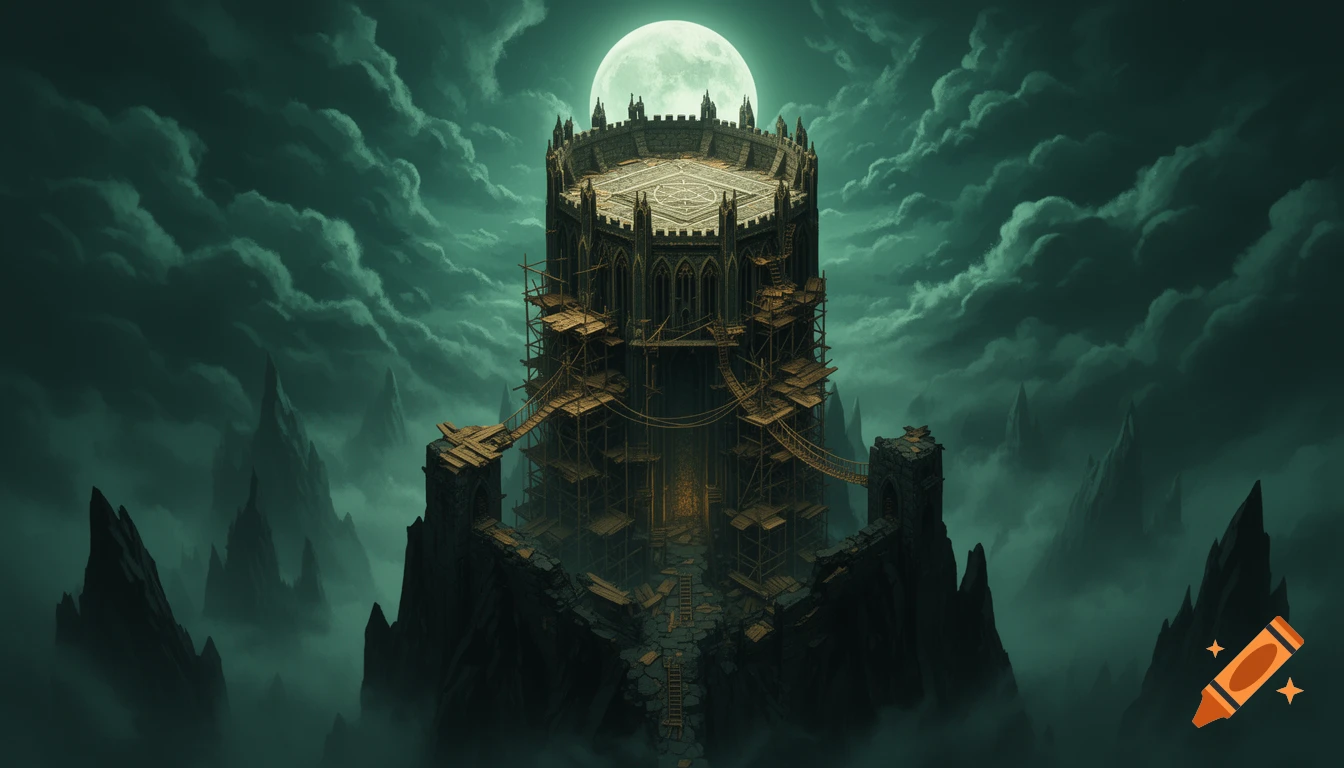 A colossal ancient gothic tower with extensive scaffolding rises from jagged cliffs amidst swirling mist under an enormous glowing full moon, in a dark fantasy style.