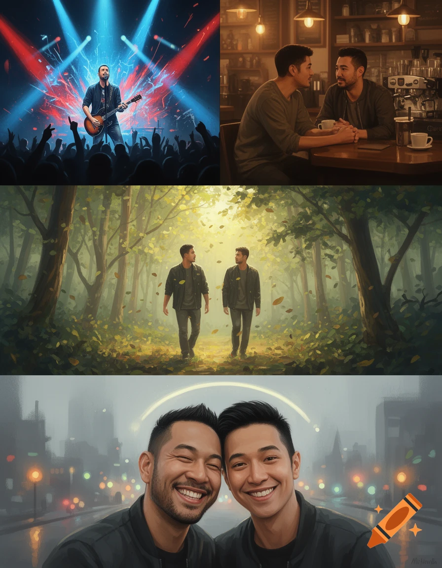 A four-panel collage featuring a man playing guitar on stage, two men talking in a coffee shop, two men walking in a forest, and a close-up selfie of two smiling men in a city.