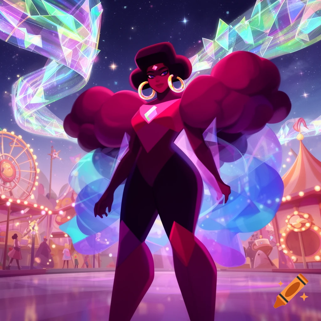 A stylized, dark-skinned character with red hair poofs, a geometric outfit, and hoop earrings stands in a vibrant carnival scene.