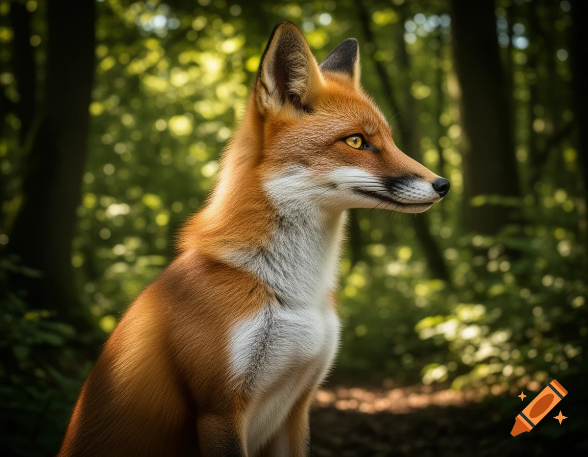 A photorealistic red fox with orange and white fur sits in a forest, looking right with golden eyes.