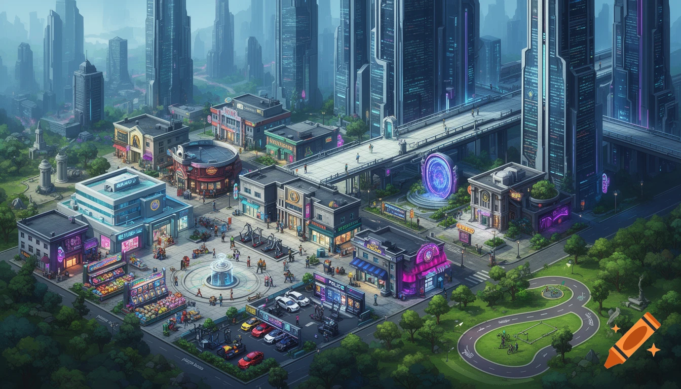 An isometric cyberpunk city with skyscrapers, a plaza, various shops, a police station, and a park with a bike path.