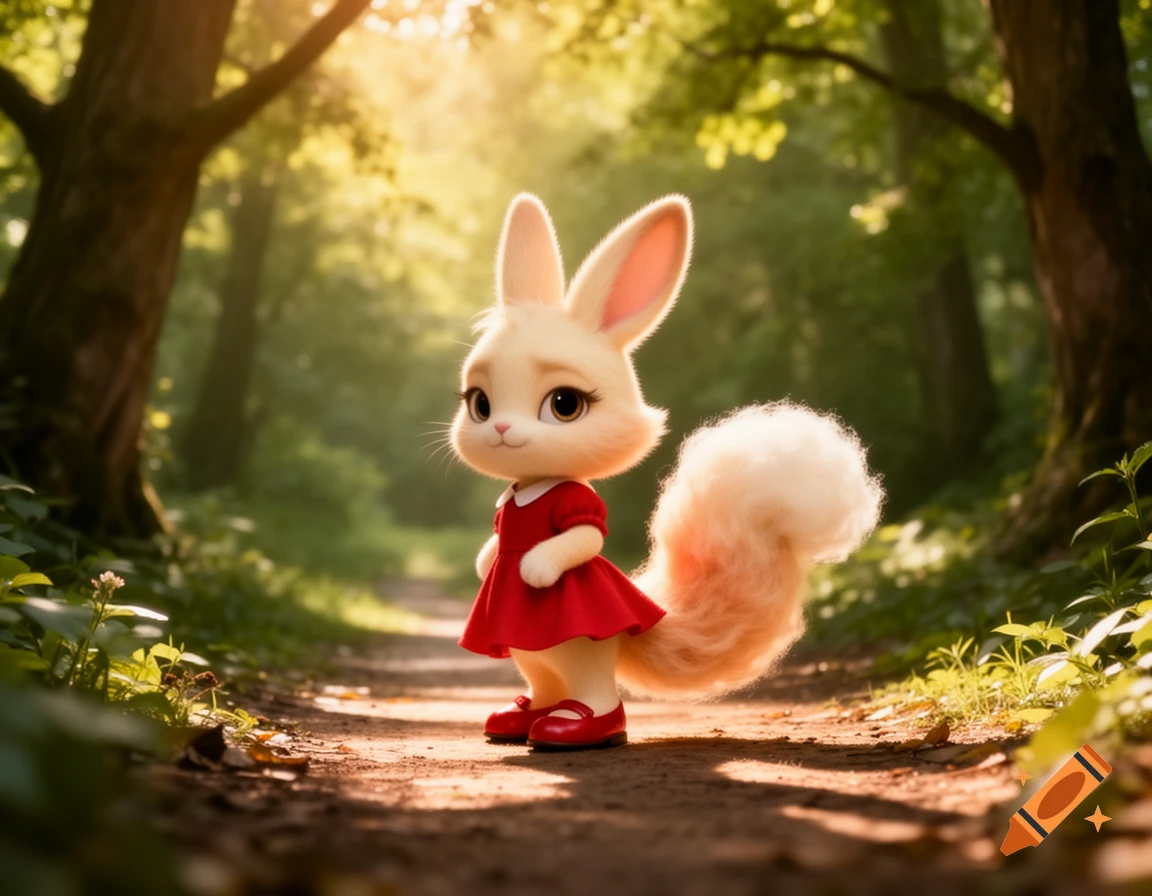 A cute cream-colored cartoon rabbit wearing a red dress and shoes stands on a sunlit forest path, showcasing its fluffy tail.