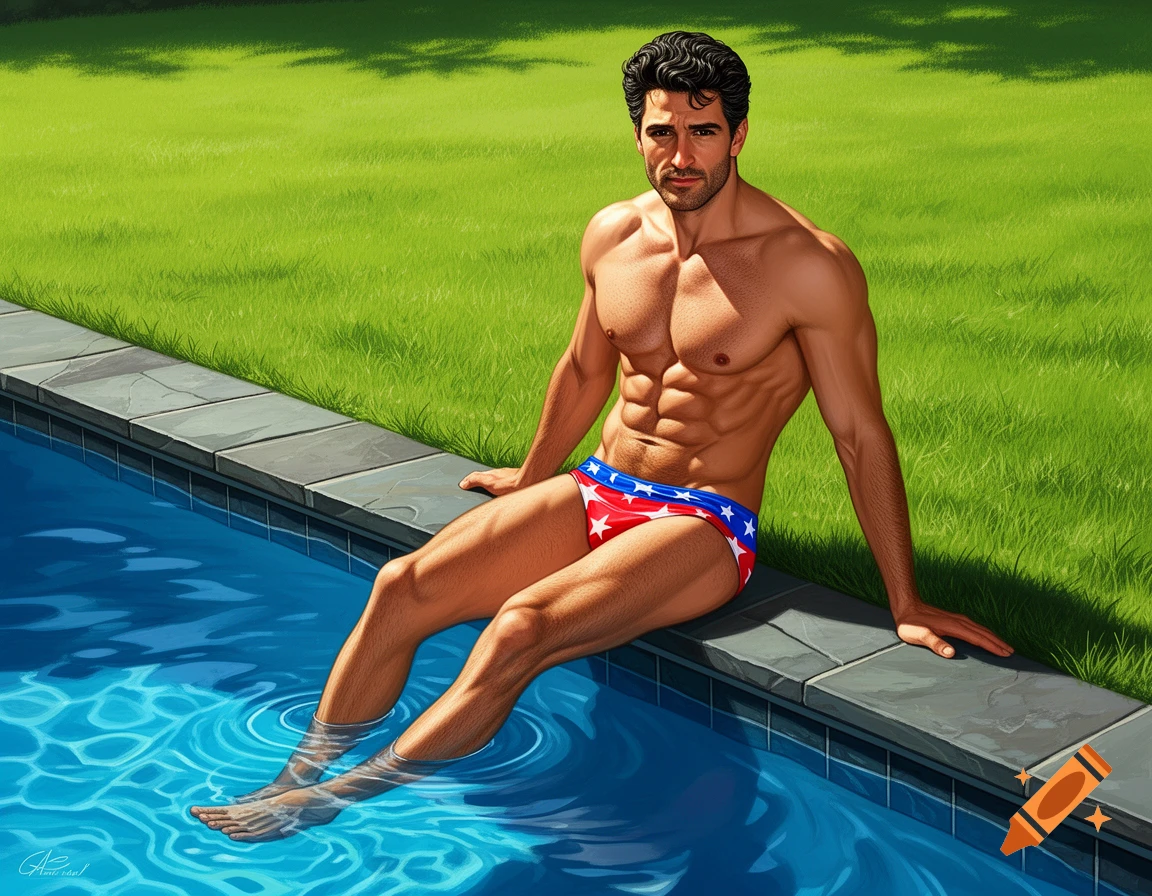 An athletic man in a patriotic swim brief sits by a pool with feet in the water, green lawn in background, digital painting.