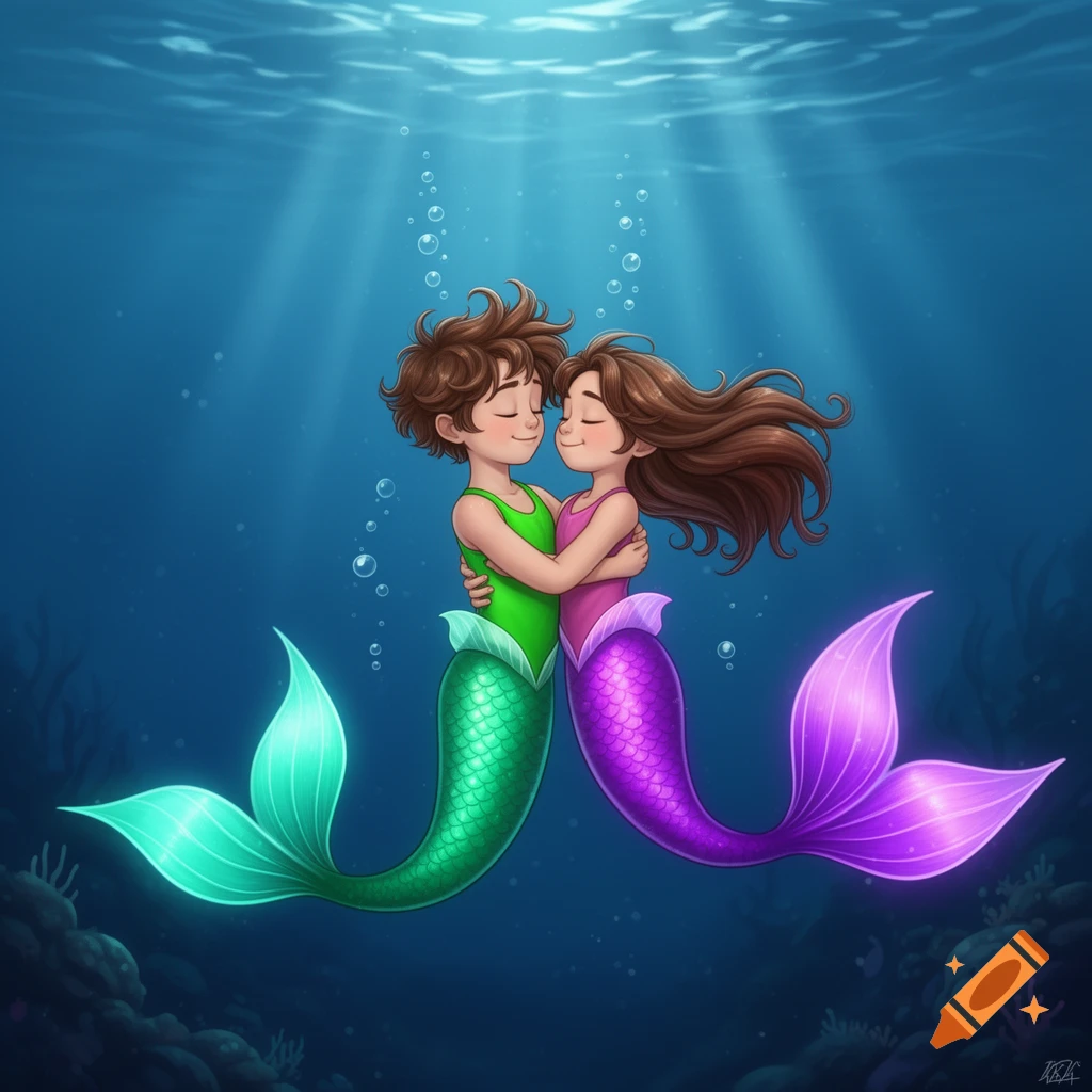 Two cartoon mermaid children with brown hair, one in green and one in purple, hug underwater.