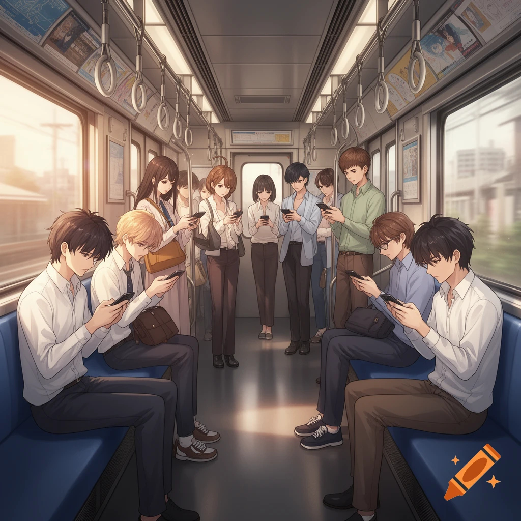 Anime-style illustration of multiple young people riding a subway train, all engrossed in their smartphones.