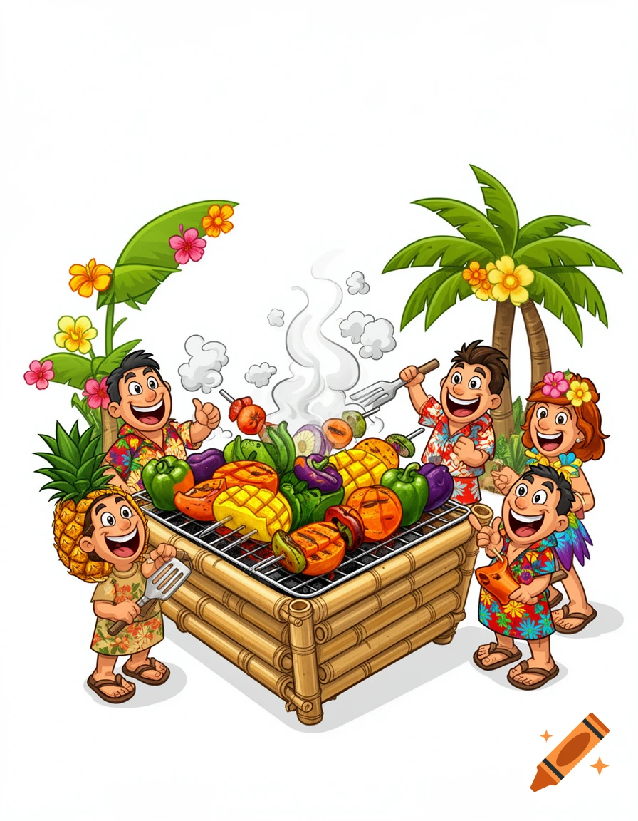 A vibrant cartoon of happy people having a tropical vegan BBQ, grilling fruits and vegetables on a bamboo grill, with palm trees and flowers.