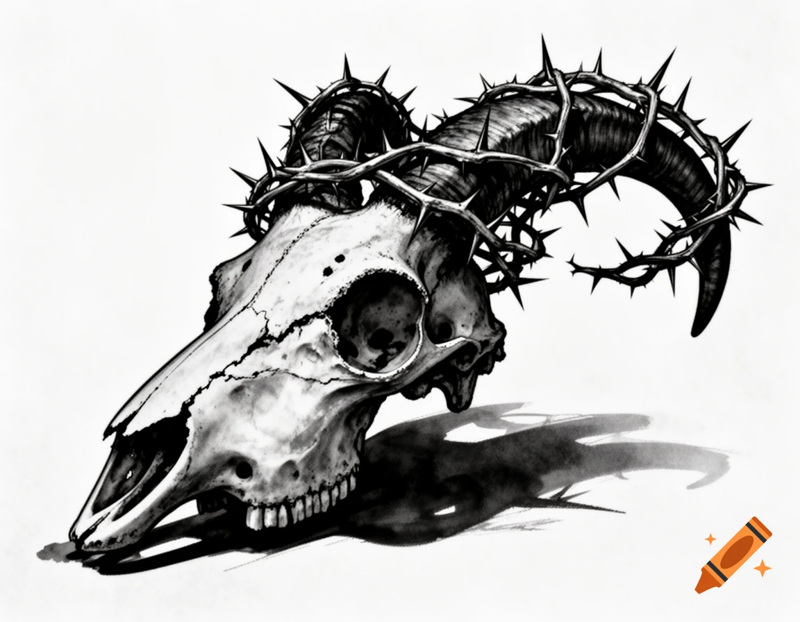 Black and white ink drawing of a goat skull with large horns wrapped in a thorn crown.