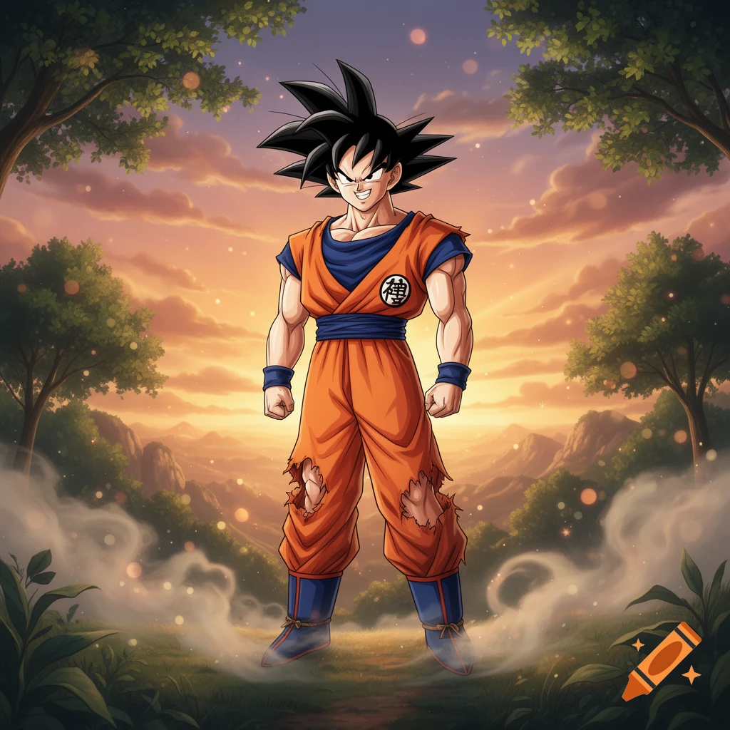 Goku in an orange gi with ripped pants stands in a misty, green landscape with a sunset sky.