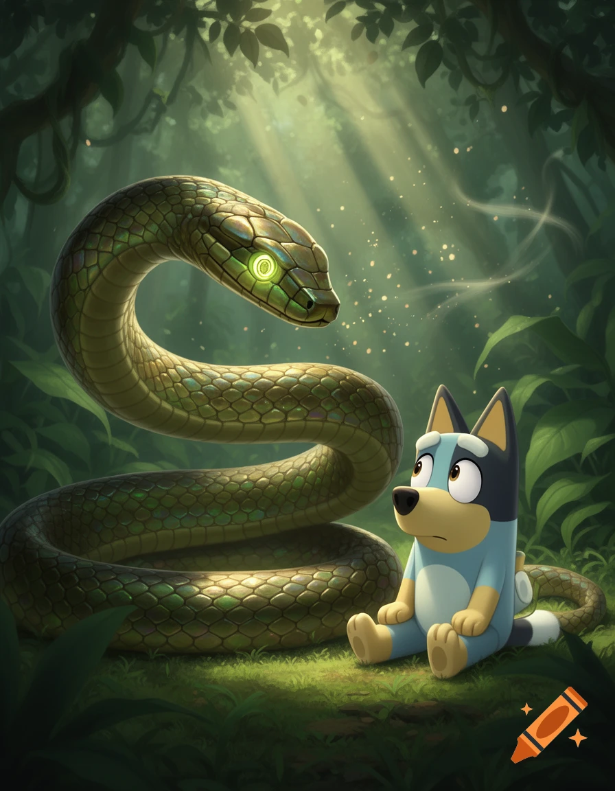 A cartoon Bluey sits scared in a jungle as a large green snake with glowing eyes looms over her. Sunlight beams through trees.