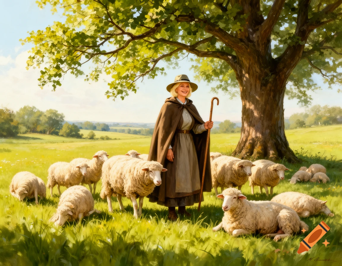 A painting of a smiling woman shepherd standing in a sunny green meadow with her flock of sheep under a large tree.