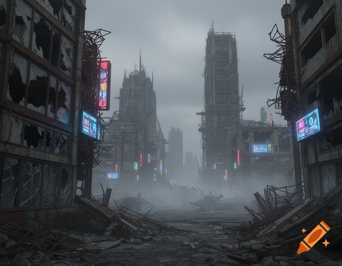 A moody, atmospheric image of a ruined, fog-shrouded dystopian city with crumbling buildings, debris-strewn streets, and faint neon signs.