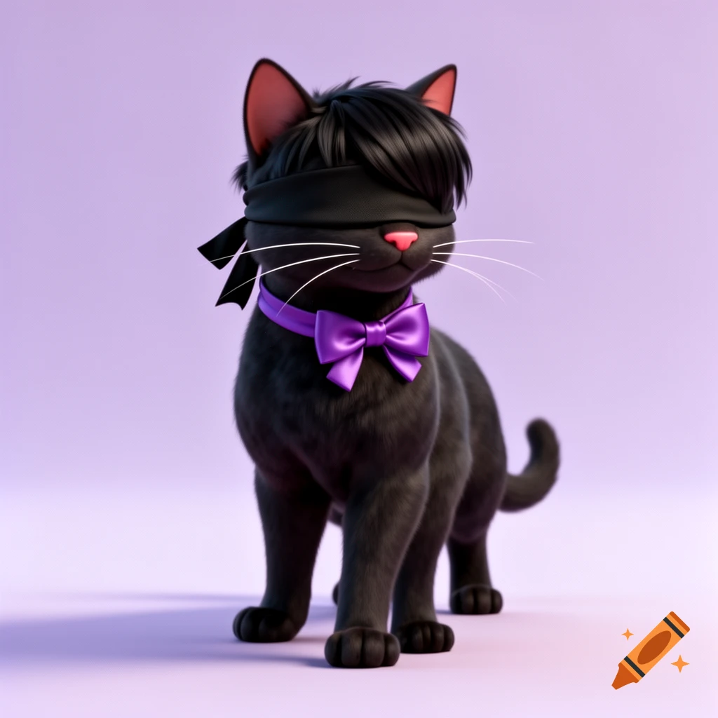 A stylized black cat with an emo haircut, black blindfold, and purple bow tie, standing against a pale purple background in 3D animation.