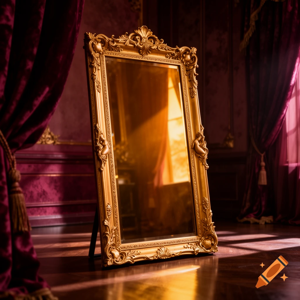 Ornate golden mirror with a decorative frame leaning against a dark red wall with drapes on a wooden floor, lit by sunlight.
