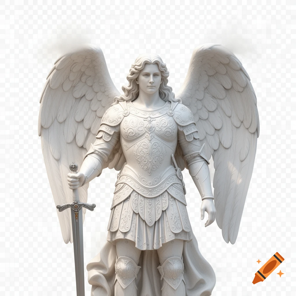 A white marble statue of an archangel in ornate armor with large wings, holding a sword, against a transparent background.