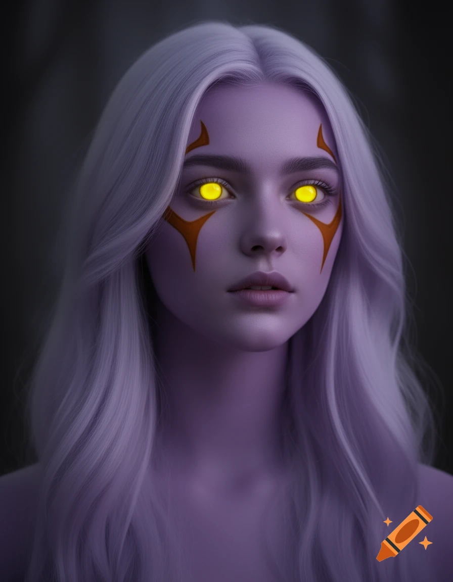 Photorealistic portrait of a young woman with lilac skin, light purple hair, glowing yellow eyes, and orange facial markings.