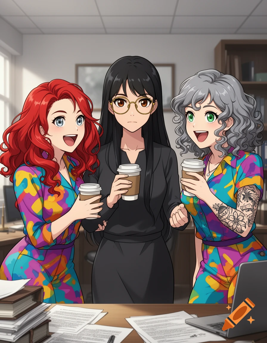 Three anime-style women, two in colorful outfits and one in a dark suit, holding coffee cups in an office.
