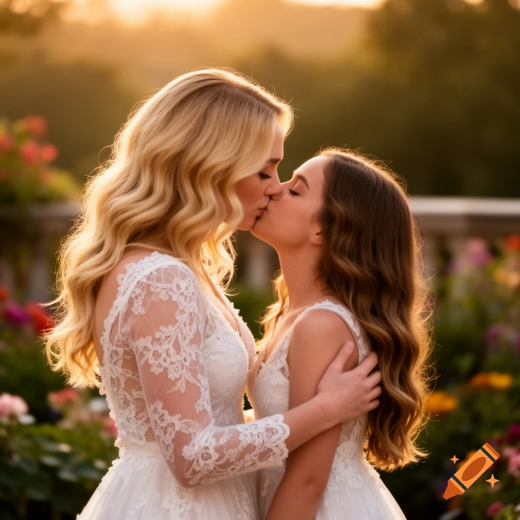 Two women in white lace wedding dresses kiss passionately in a golden-lit garden.