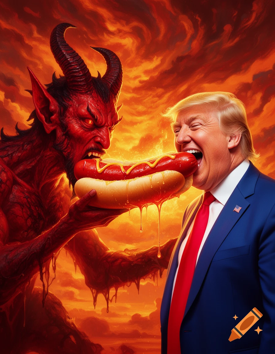 A devil with horns feeds a giant, dripping hot dog to a laughing Donald Trump against a fiery, hellish background.