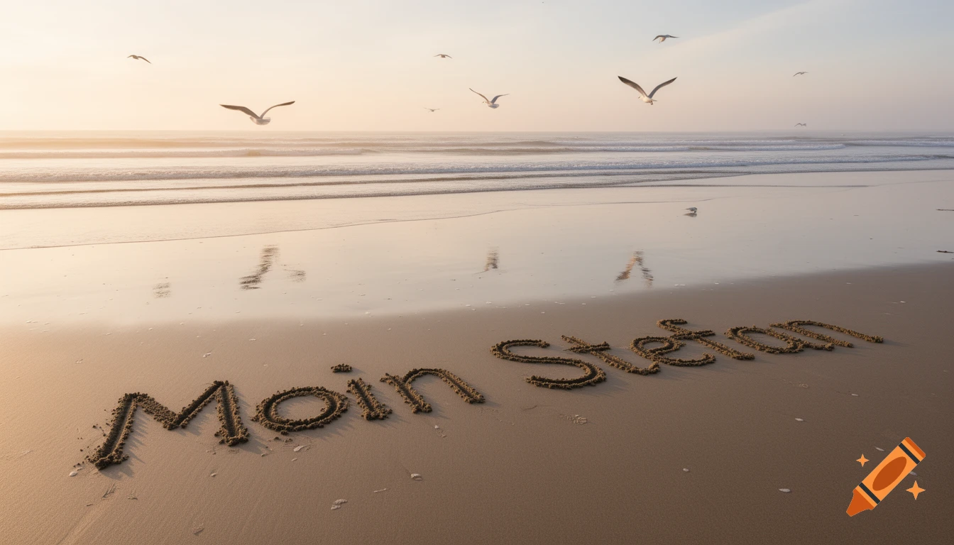 Photorealistic image of "Moin Stefan" written in the sand on a beach with waves and seagulls flying at sunrise.