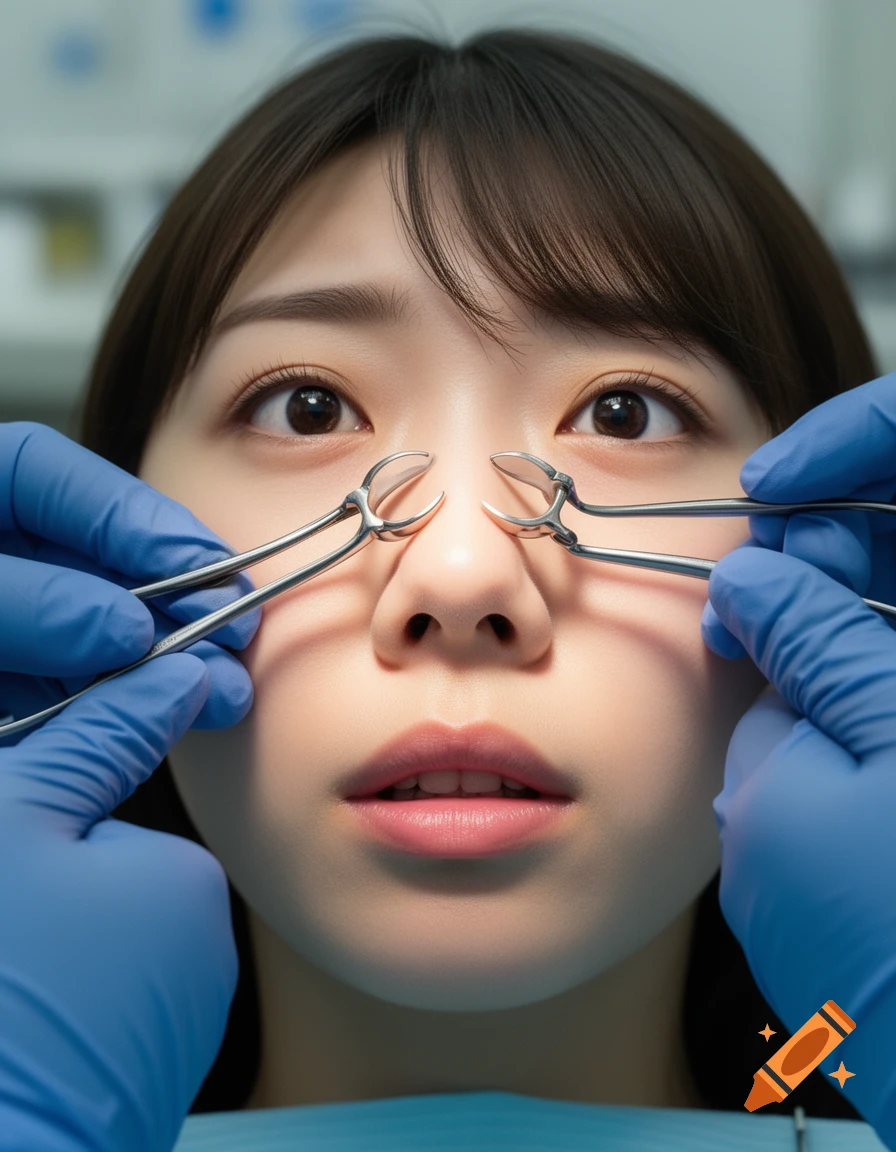 Close-up of a young Japanese woman with an uncomfortable expression as a doctor's gloved hands insert a nasal speculum.
