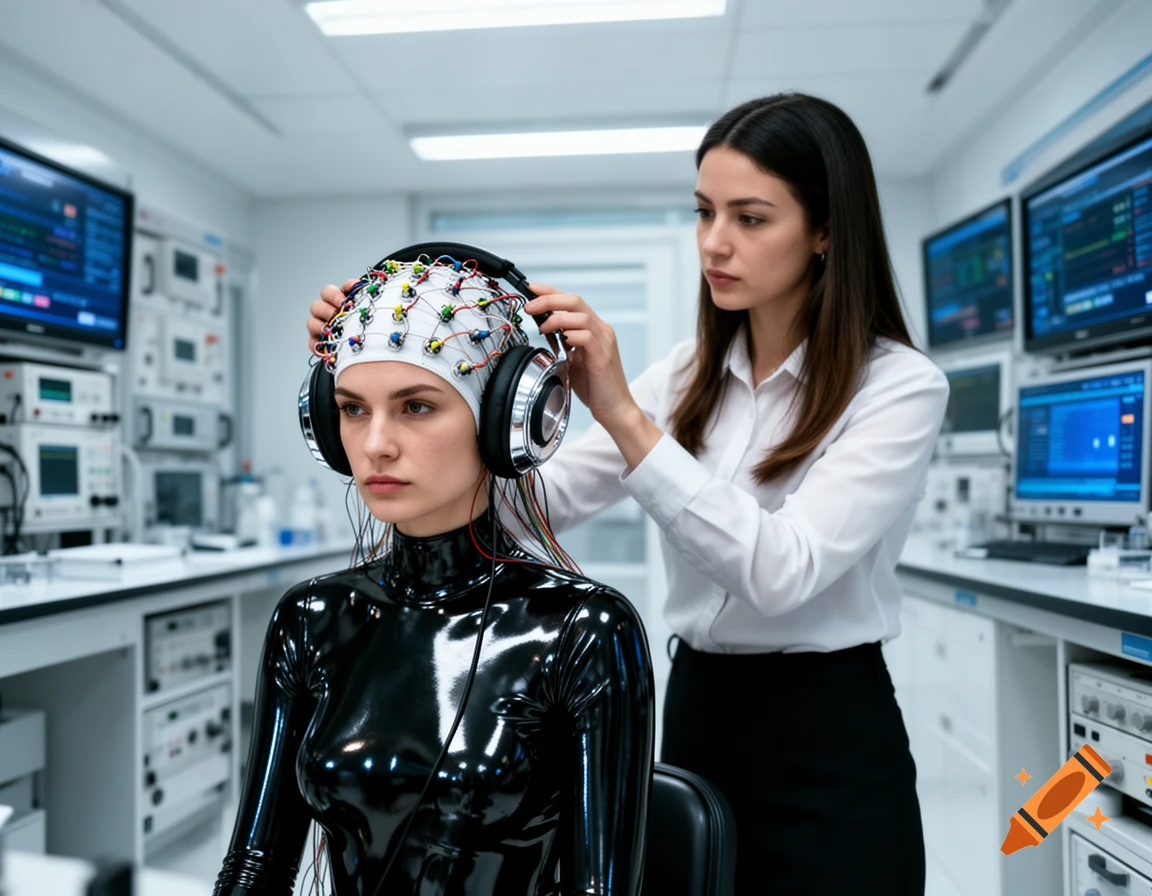 A woman in a black latex suit with an EEG cap and headphones is assisted by another woman in a pristine futuristic lab.