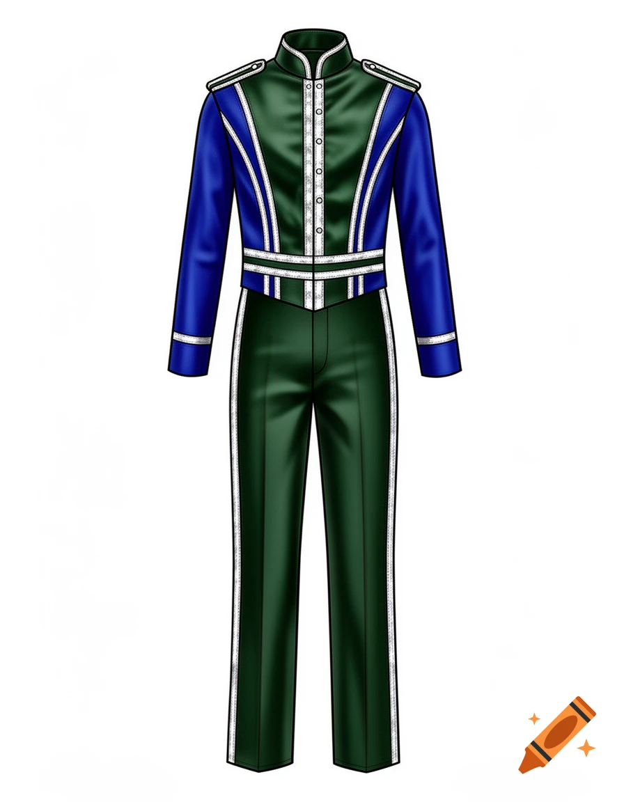 Full-body drawing of a dark green and royal blue uniform, featuring a jacket with white and silver trim and matching pants.