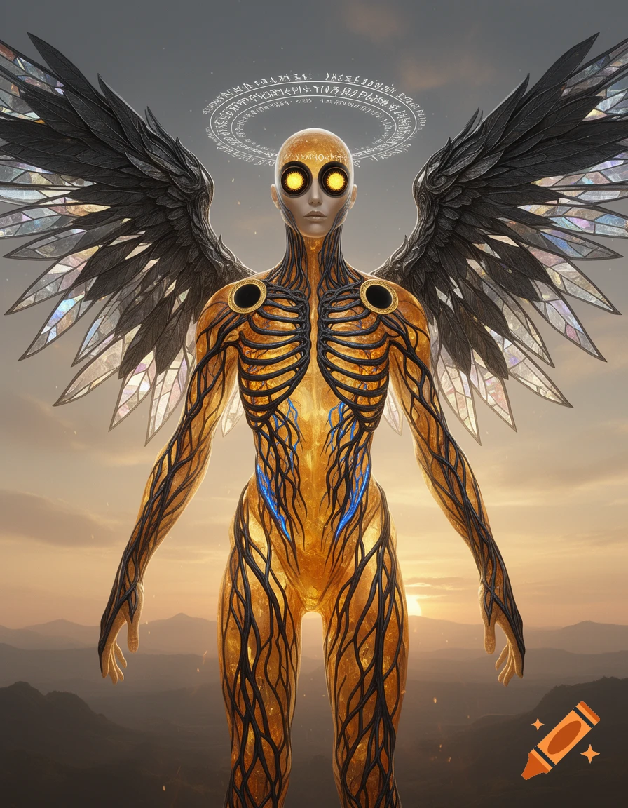 A golden, stylized angelic figure with dark feathered wings and glowing yellow eyes stands against a sunset over mountains. A halo of runes floats above its head.