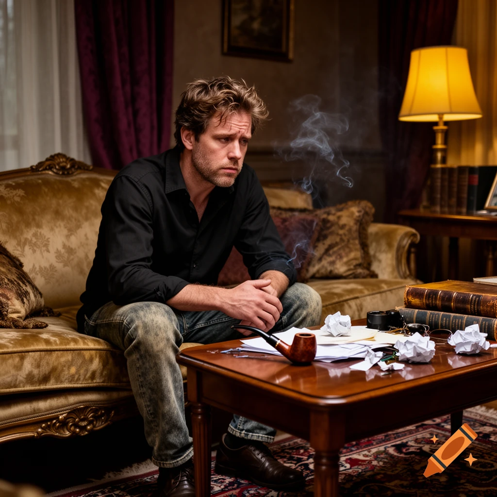 A photorealistic image of a pensive man sitting on a vintage couch in a dimly lit room, with a pipe and books on a table.