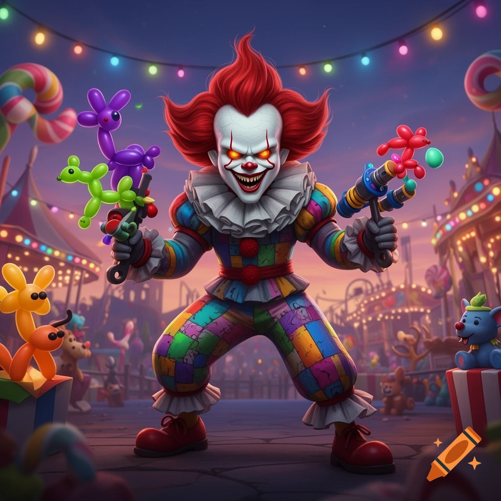 A colorful, cartoonish Pennywise clown stands in a vibrant carnival, holding balloon animals and a toy weapon.