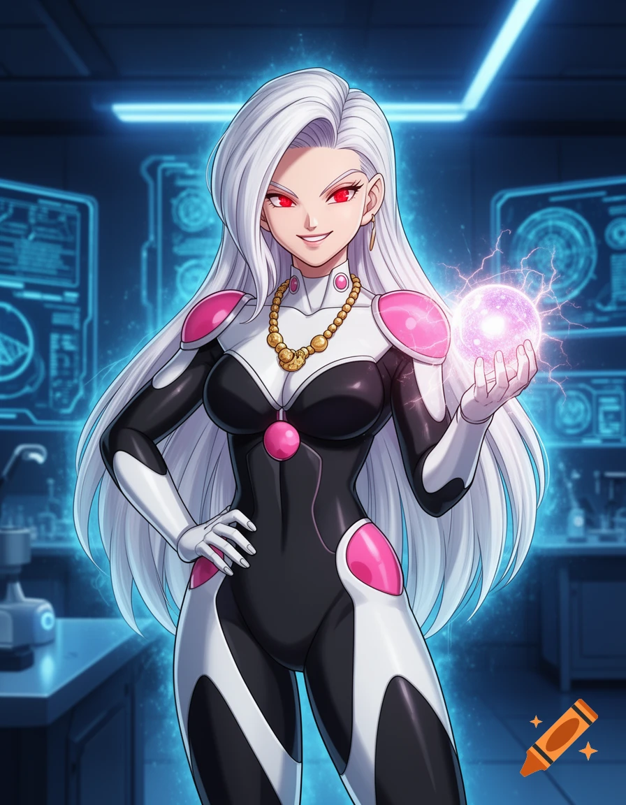 Anime character with long white hair, red eyes, and a black and pink suit, holding a glowing purple orb in a futuristic lab.