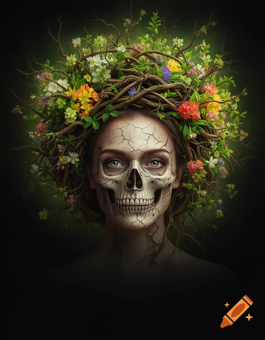 Surreal portrait of a woman with a skull face peeking through cracks, crowned with branches and colorful flowers against a dark background.