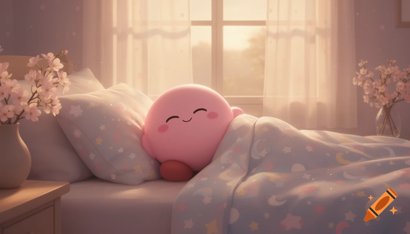 Cute pink Kirby sleeps peacefully in a cozy bed with a starry blanket in a sunlit bedroom with cherry blossoms.