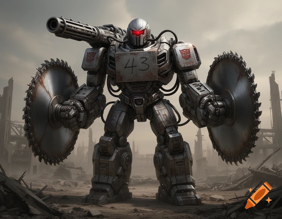 A towering, heavily armored robot, resembling a Transformer, stands in a ruined industrial wasteland. It has large circular saw weapons for hands, a rail cannon on its shoulder, glowing red eyes, and the number 43 on its chest.