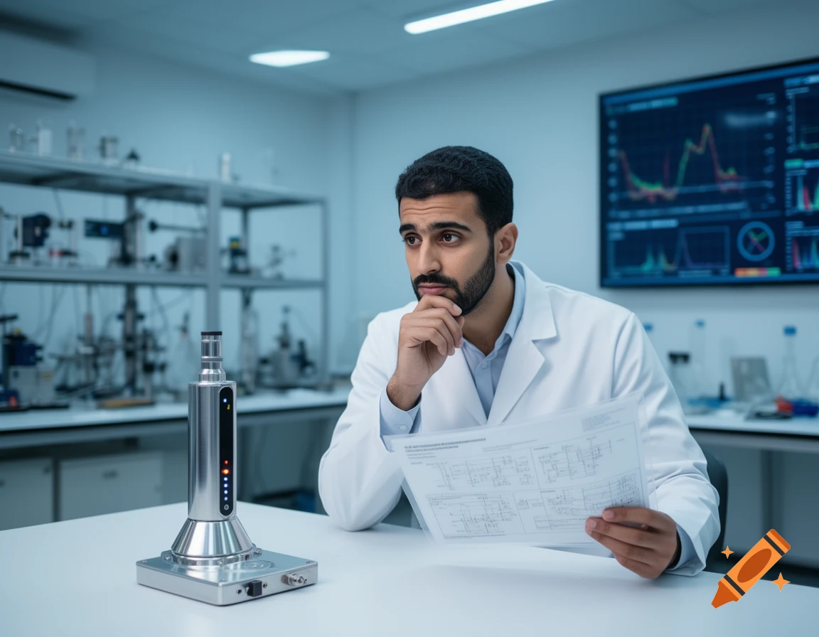 A thoughtful male scientist in a lab coat looks at papers next to a scientific instrument and a screen showing data.