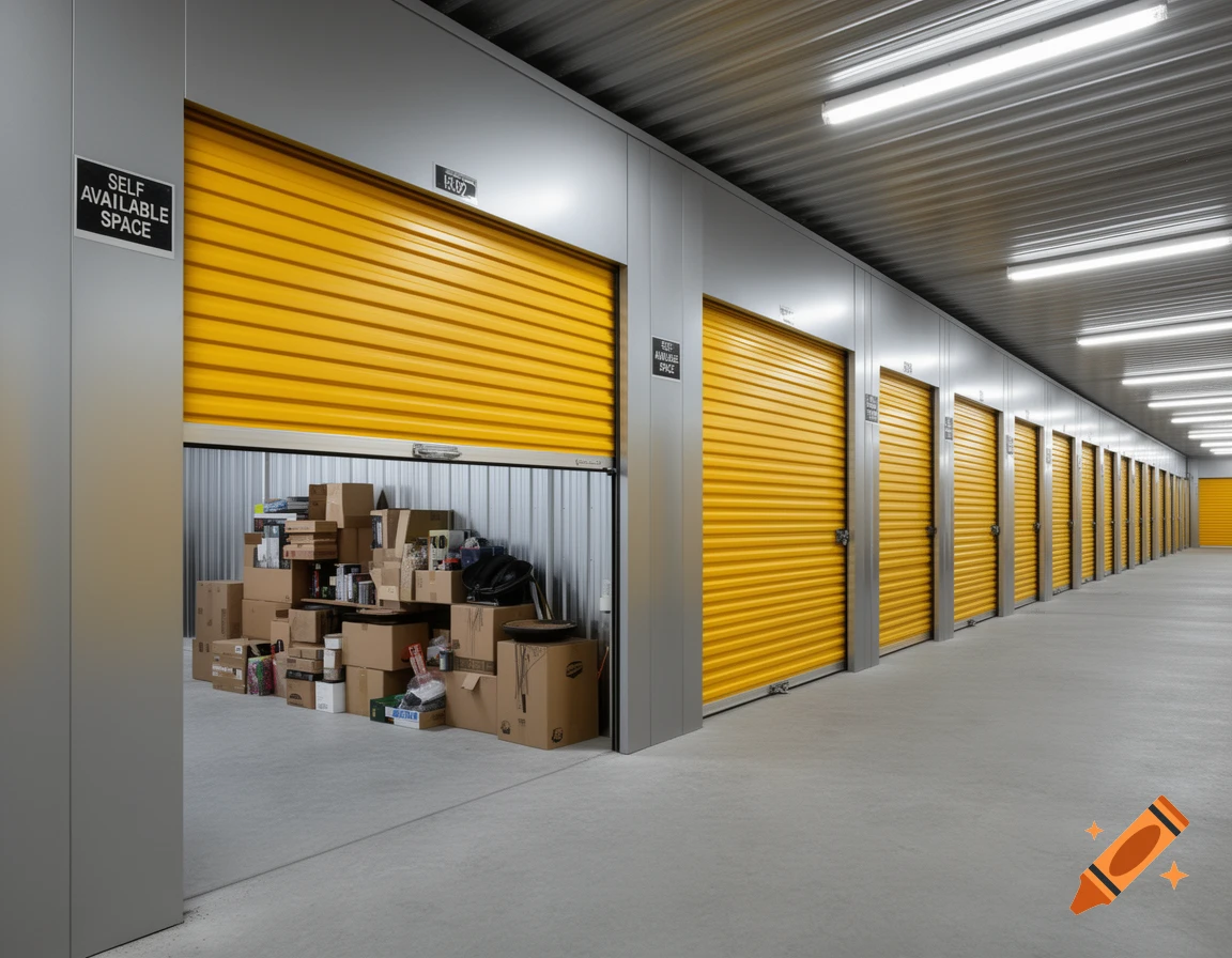 An interior view of a self-storage facility with a long row of bright yellow storage unit doors. One unit is open, revealing a pile of cardboard boxes and various belongings inside, ready for storage. The facility has concrete floors and a corrugated metal ceiling with fluorescent lights.