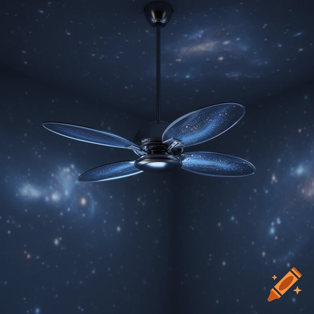 A photorealistic ceiling fan with galaxy-patterned blades and a starry room, creating a cosmic ambiance.