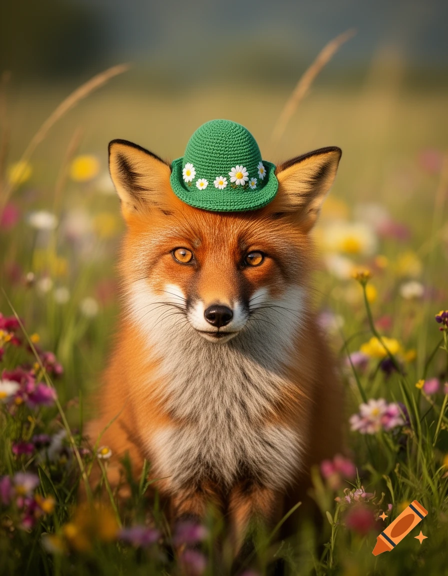 A photorealistic red fox wearing a small green crocheted hat with white daisies, sitting in a field of colorful wildflowers.